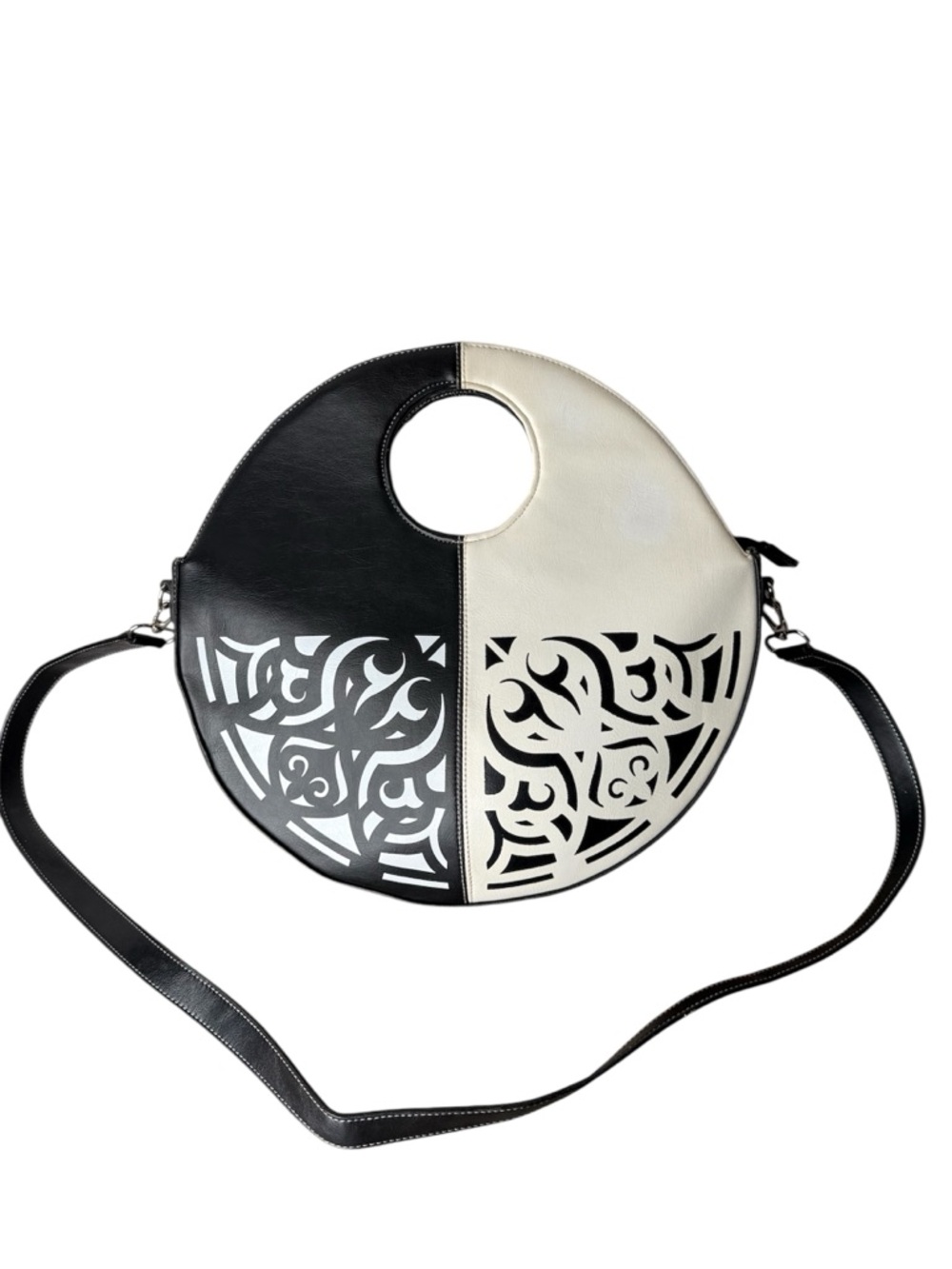 RI YUN Black White Yin Yang Circle Round Handbag Detachable Strap Crossbody Bag